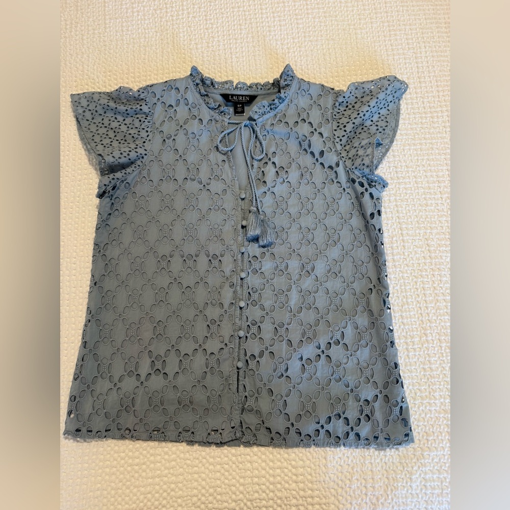 Lauren Ralph Lauren Blue Eyelet Tie-Neck Blouse